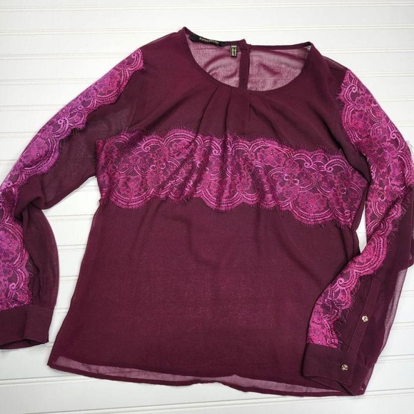 Kardashian Kollection Women's Sheer Lace Wine Long Sleeve Blouse Metal Buttons M - Picture 1 of 7